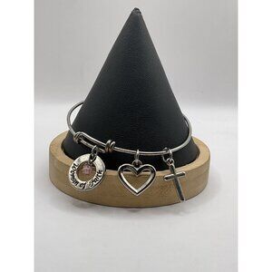 Woman Of Faith Silver-Tone Adjustable Bangle Bracelet With Heart & Cross Charms